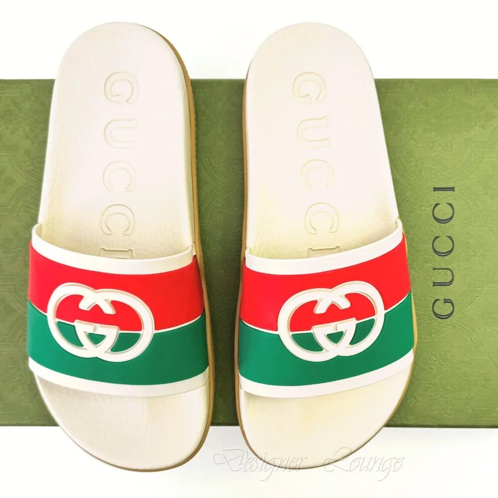 NEW GUCCI Women's Agrado Interlocking G Logo Cream Rubber Slides EU 38 US 8